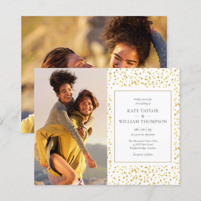 Lámina Invitación a la boda de Budget Gold Hearts Photos (Anverso / Reverso)