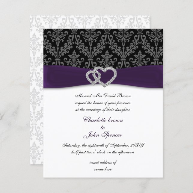 Lámina Invitación a la boda de Budget Purple Damask Diama (Anverso / Reverso)