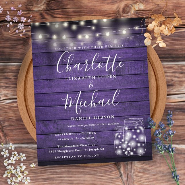 Lámina Invitación a la boda de Budget Purple Wood Mason J (Budget Purple Wood Mason Jars Wedding Invitation)
