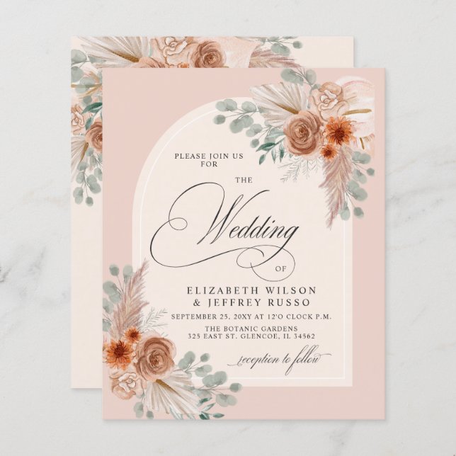 Lámina Invitación a la boda de Budget Terracotta Pampas (Anverso / Reverso)