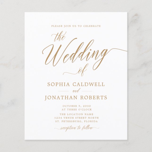 Lámina Invitación a la boda de caligrafía de oro para tod (Anverso)