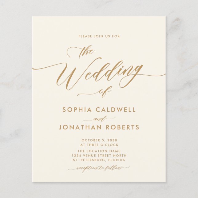 Lámina Invitación a la boda de caligrafía de oro para tod (Anverso)