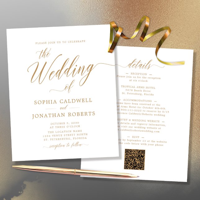 Lámina Invitación a la boda de caligrafía de oro para tod (Budget All in One QR Code Gold Calligraphy Double Sided Wedding Invitation)