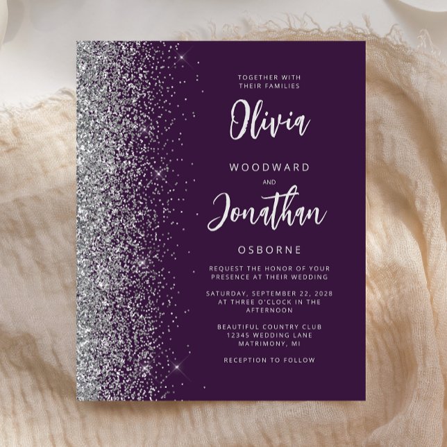 Lámina Invitación a la boda de caligrafía plateada púrpur (Subido por el creador)