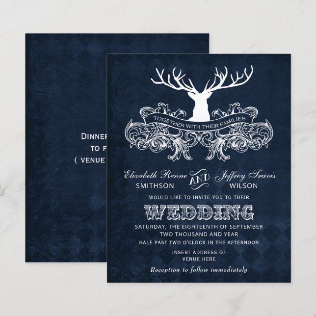 Lámina Invitación a la boda de ciervos Rustic Blue Antler (Anverso / Reverso)