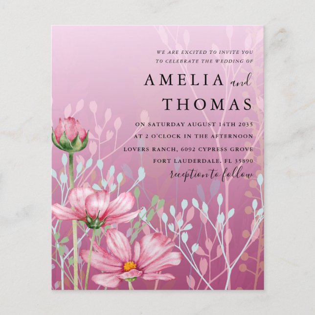 Lámina Invitación a la boda de clases rosadas y follaje (Anverso)