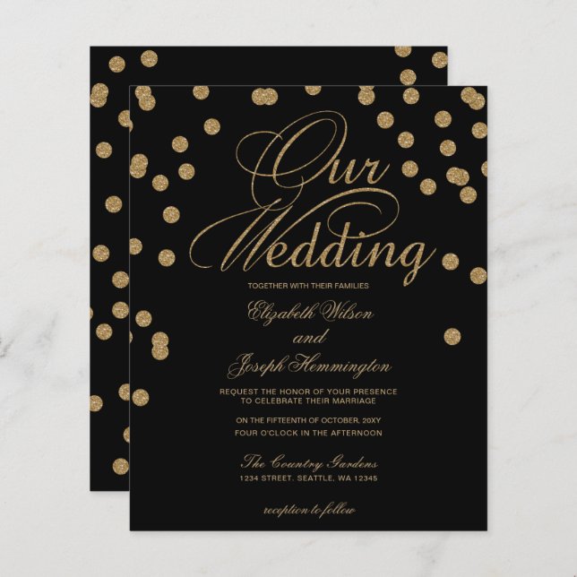 Lámina Invitación a la boda de Confetti de oro negro con  (Anverso / Reverso)