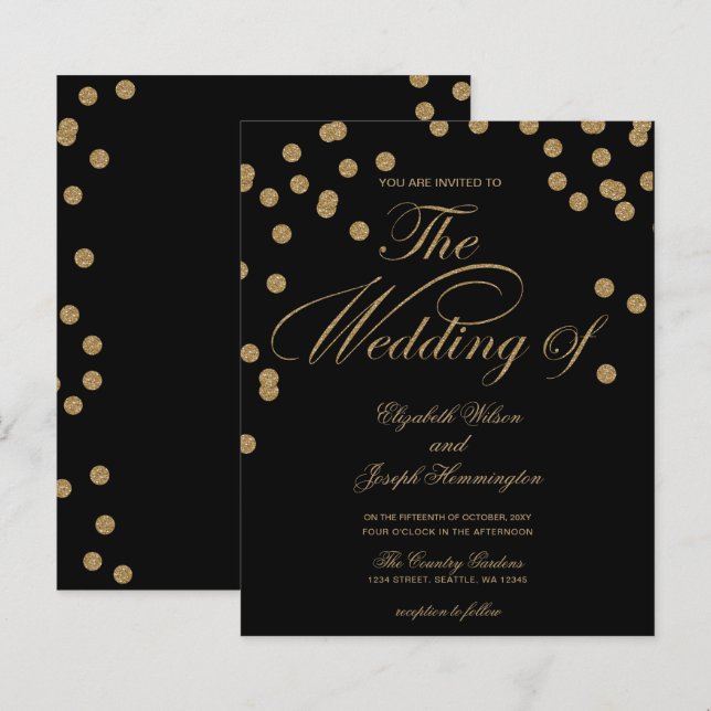Lámina Invitación a la boda de Confetti de oro negro con  (Anverso / Reverso)