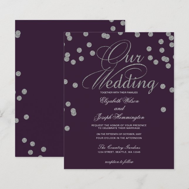 Lámina Invitación a la boda de Confetti de Plata Púrpura (Anverso / Reverso)