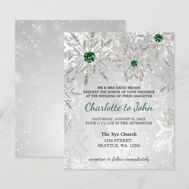 Lámina Invitación a la boda de copos de nieve verde esmer (Anverso / Reverso)