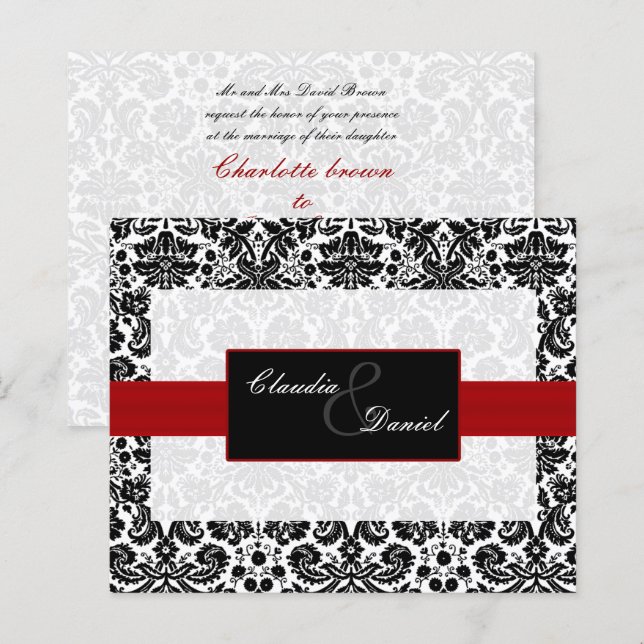 Lámina Invitación a la boda de Damasco Negro Rojo y Presu (Anverso / Reverso)