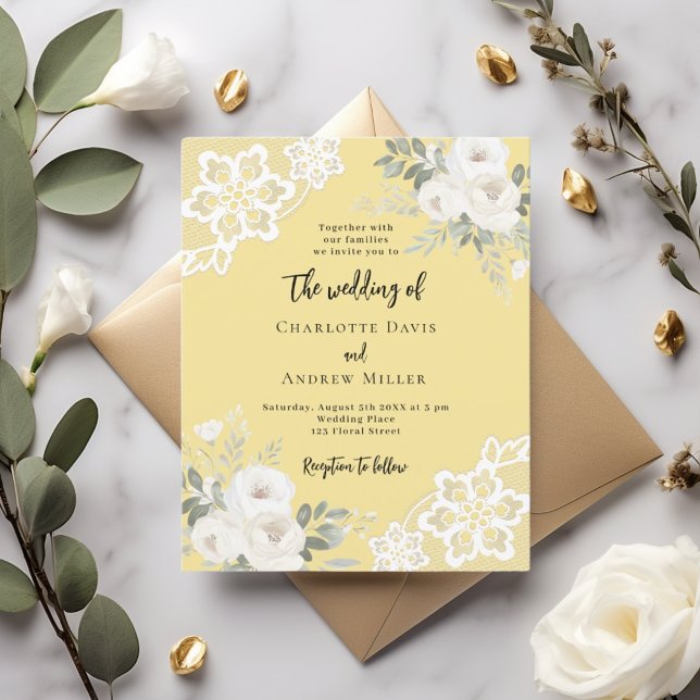 Lámina Invitación a la boda de encaje blanco amarillo con (Subido por el creador)