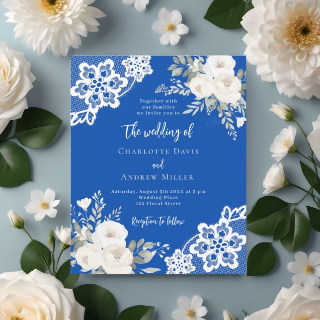Lámina Invitación a la boda de encaje blanco azul cobalto (Subido por el creador)
