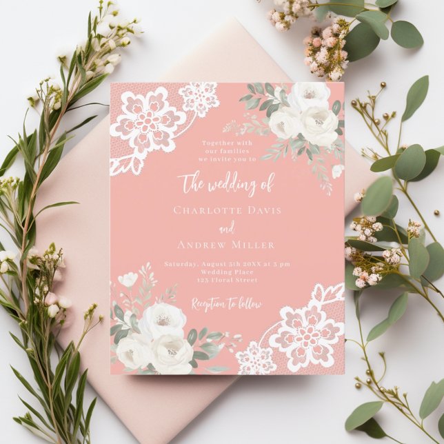 Lámina Invitación a la boda de encaje blanco rosado (Subido por el creador)