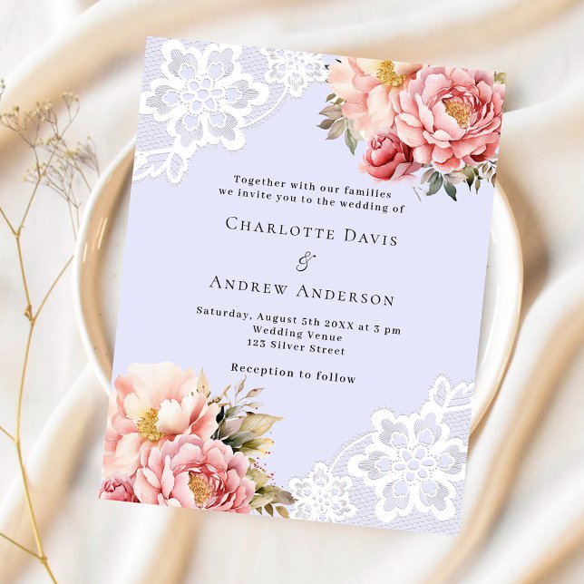 Lámina Invitación a la boda de encaje floral rosa Lavende (Subido por el creador)