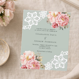 Lámina Invitación a la boda de encaje floral rosa verde s
