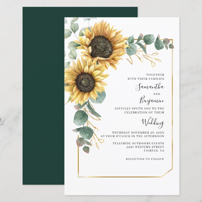Lámina Invitación a la boda de Eucalipto de girasol flora (Anverso / Reverso)