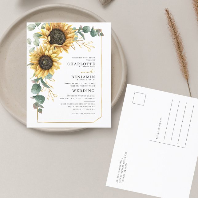 Lámina Invitación a la boda de Eucalipto de girasol flora (Floral Sunflower Eucalyptus Watercolor Wedding Invitation Postcard)