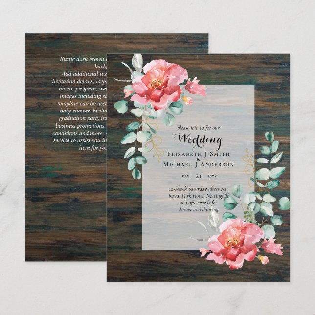 Lámina Invitación a la BODA de eucalipto rojo con flor de (Anverso / Reverso)