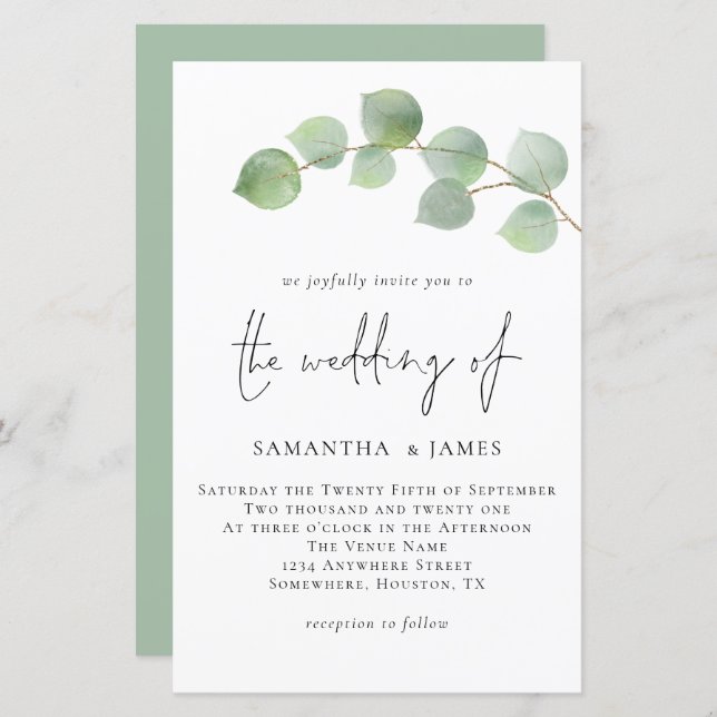 Lámina Invitación a la boda de eucaliptos modernos de pre (Anverso / Reverso)