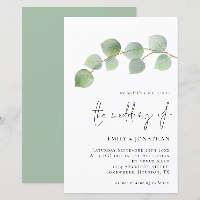 Lámina Invitación a la boda de eucaliptos modernos de pre (Anverso / Reverso)