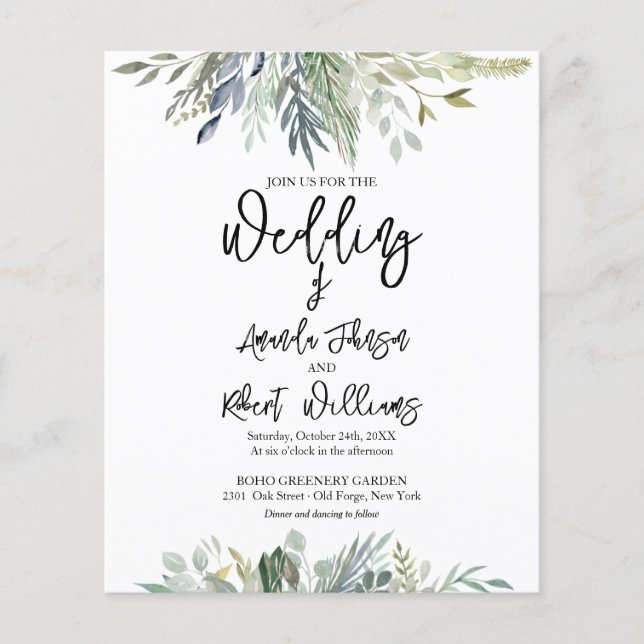 Lámina Invitación a la boda de Eucalyptus Greenery Budget (Anverso)