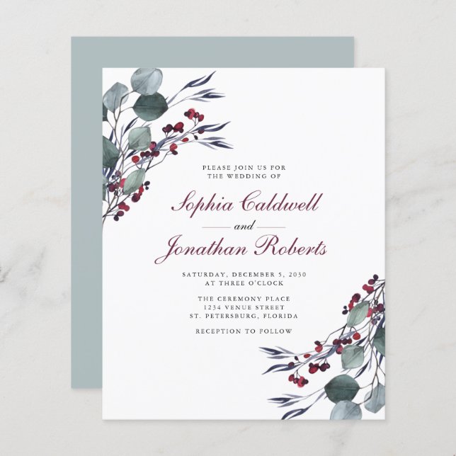 Lámina Invitación a la boda de Eucalyptus Red Berries QR  (Anverso / Reverso)