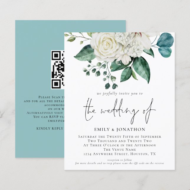 Lámina Invitación a la boda de Eucalyptus White Florals (Anverso / Reverso)