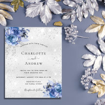 Invitación a la boda de flores azules plateadas
