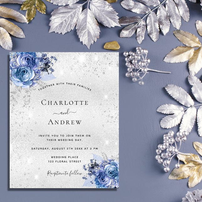 Lámina Invitación a la boda de flores azules plateadas (Subido por el creador)