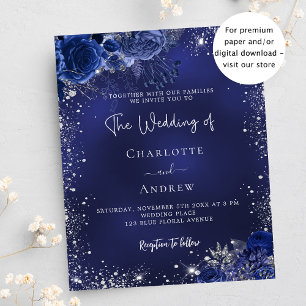 Lámina Invitación a la boda de flores de plata azul de la