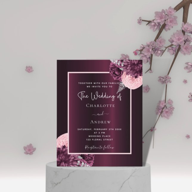 Lámina Invitación a la boda de flores rosadas de Borgoña (Subido por el creador)