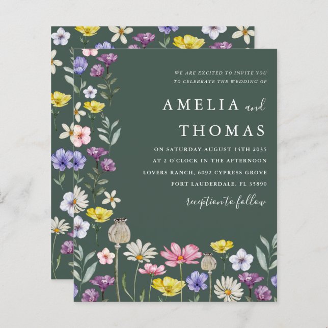 Lámina Invitación a la boda de flores silvestres verdes c (Anverso / Reverso)