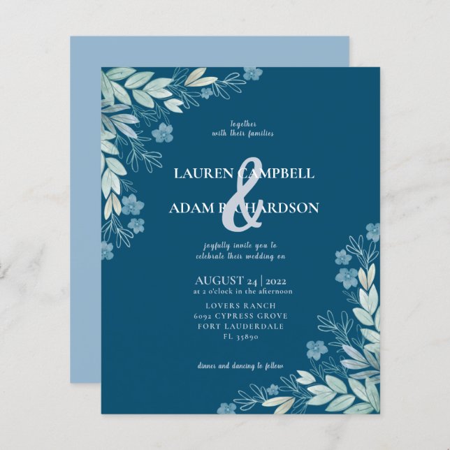 Lámina Invitación a la boda de follaje azul moderno de pr (Anverso / Reverso)