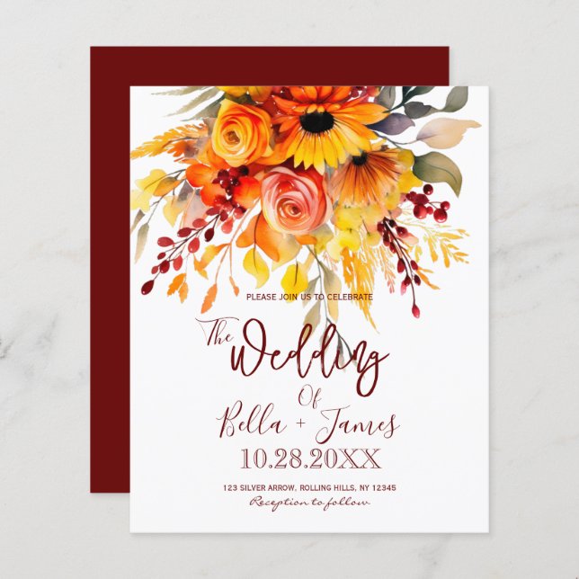 Lámina Invitación a la boda de follaje de flores de otoño (Anverso / Reverso)