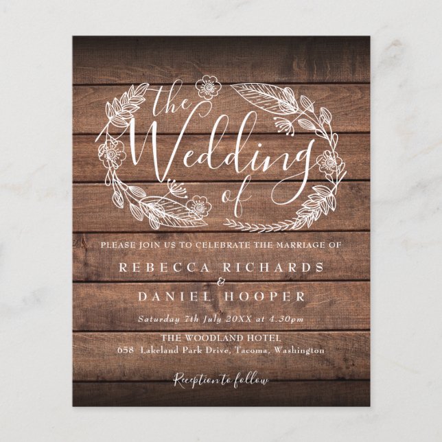 Lámina Invitación a la boda de follaje de madera rústica  (Anverso)