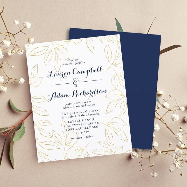 Lámina Invitación a la boda de follaje naval y oro presup (Subido por el creador)