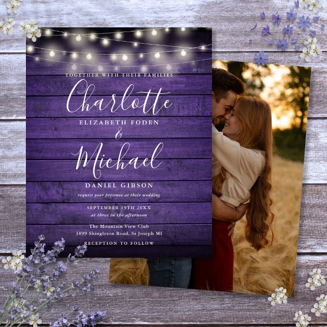 Lámina Invitación a la boda de fotos de luces rusticas pú (Budget Purple Rustic Lights Photo Wedding Invite)