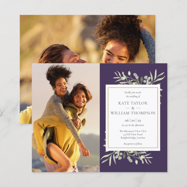 Lámina Invitación a la boda de fotos púrpura de la vegeta (Anverso / Reverso)