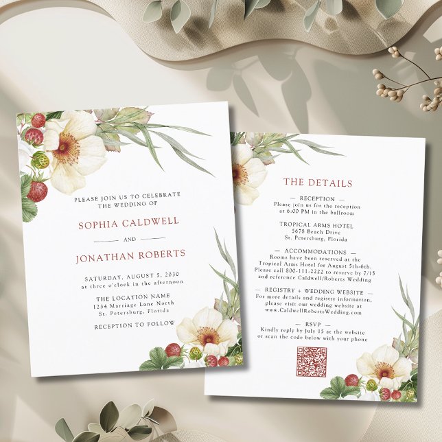 Lámina Invitación a la boda de fresa silvestre de la Rosa (Budget White Rose and Wild Strawberry Wedding Invitation)