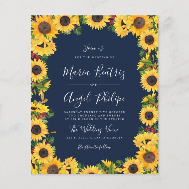 Lámina invitación a la boda de girasol azul marino ruátic (Anverso)