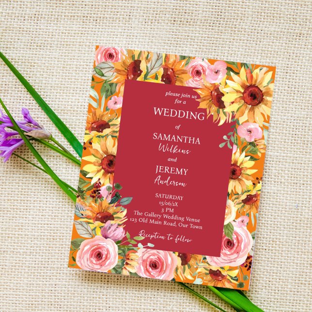 Lámina Invitación a la boda de girasoles y rosas rosas ro (Subido por el creador)