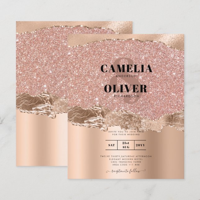 Lámina Invitación a la boda de glamour moderno con Rosa d (Anverso / Reverso)