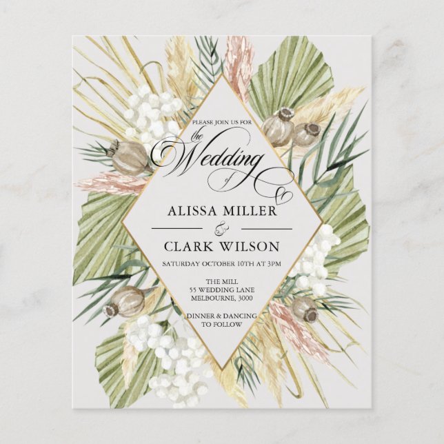 Lámina Invitación a la boda de Grass Boho Pampas (Anverso)