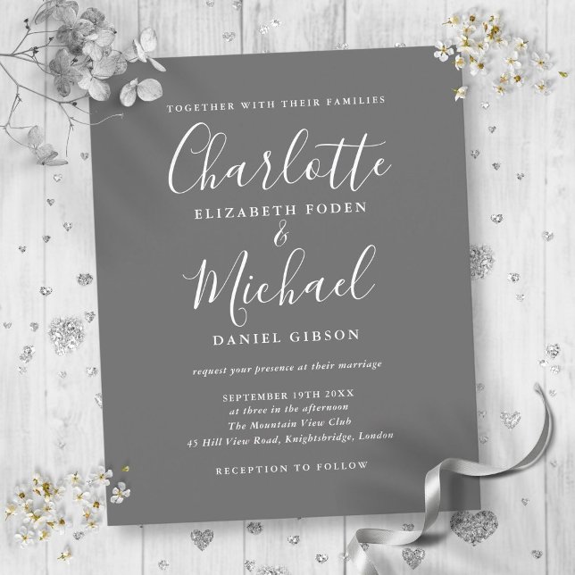 Lámina Invitación A La Boda De Guión Blanco Y Gris Presup (Budget Gray And White Script Wedding Invitation)