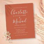 Lámina Invitación a la boda de guión de terracota de pres<br><div class="desc">Con nombres de estilo característico,  esta sencilla y elegante invitación a una boda barata de terracota puede ser personalizada con su información en tipografía blanca de moda. Diseñado por Thisisnotme©</div>