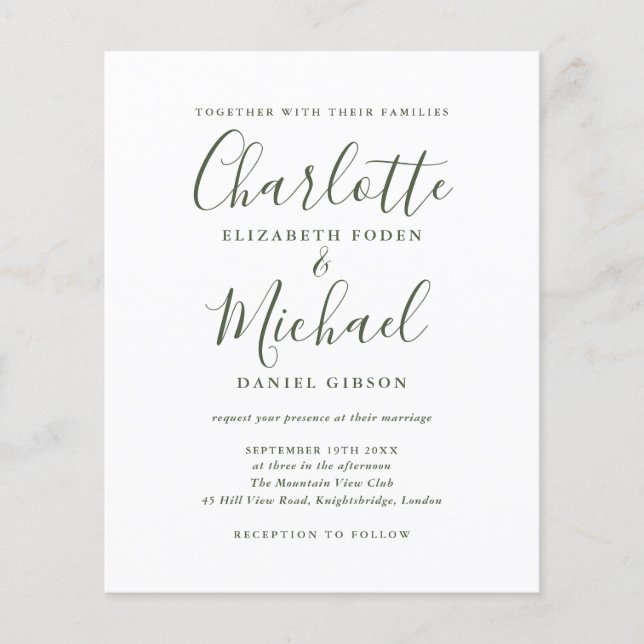 Lámina Invitación a la boda de guión simple de olivo (Anverso)