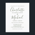 Lámina Invitación a la boda de guión simple de olivo<br><div class="desc">Con nombres de estilo,  esta elegante invitación a una boda verde oliva con un presupuesto reducido puede ser personalizada con su información en letras de moda. Diseñado por Thisisnotme©</div>