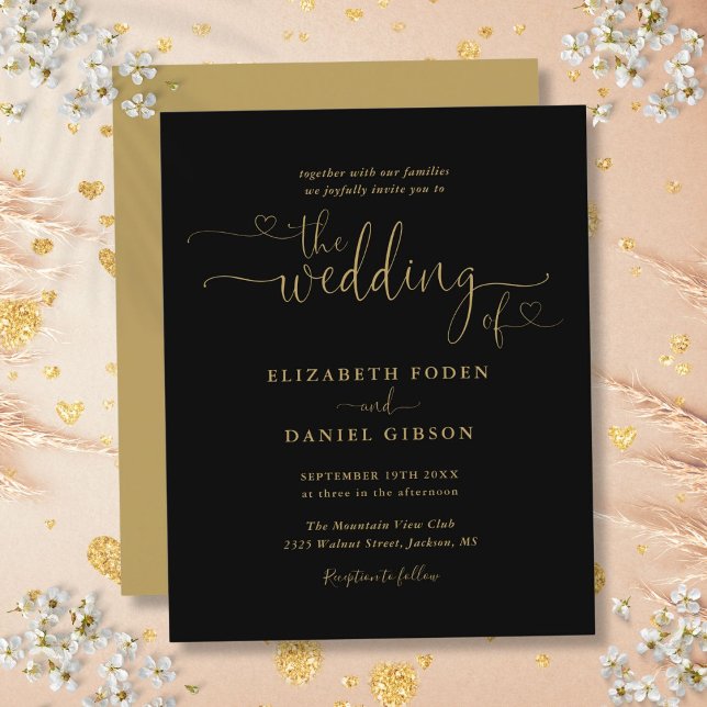 Lámina Invitación a la boda de guiones de Black And Gold  (Budget Black And Gold Hearts Script Wedding Invite)