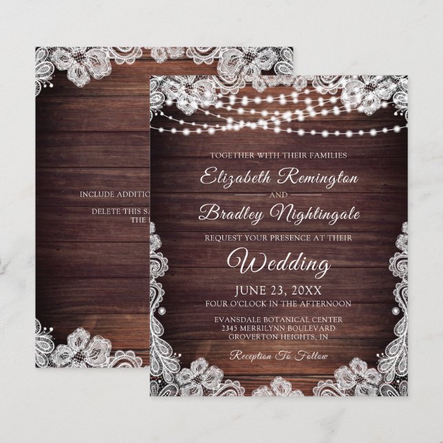 Lámina Invitación a la boda de la encaje blanca con luces (Anverso / Reverso)